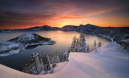 winter time at crater lake. the area can get up to 100 feet of snow